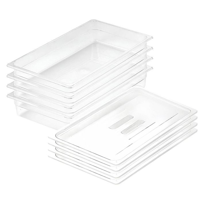 SOGA 1/1 GN Polycarbonate Food Pan 100mm Clear 4 Pack with Lids