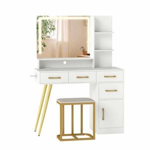 Costway Vanity Set Charging Station Table Chair Light Mirror 4 Drawer