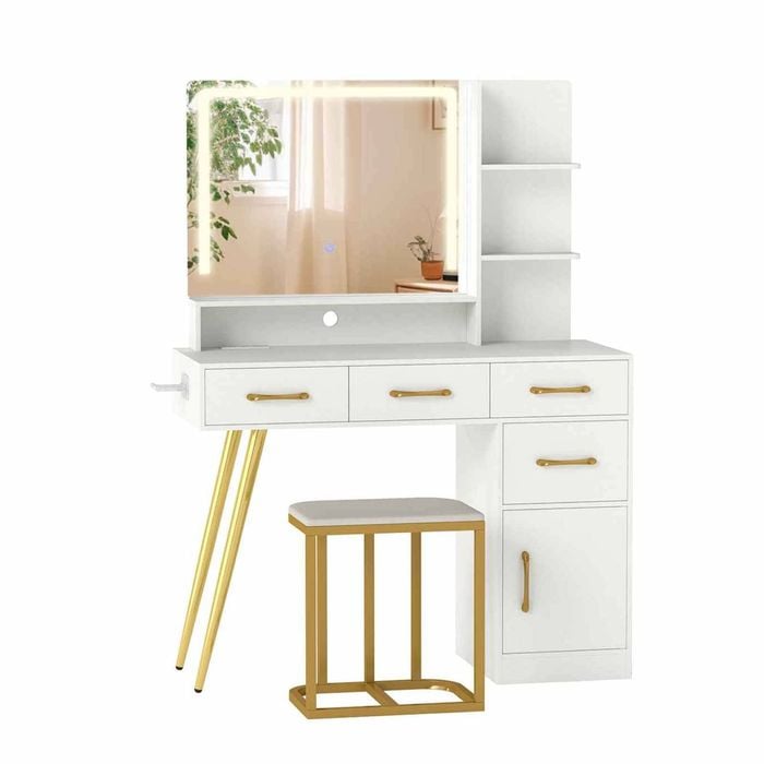 Costway Vanity Set Charging Station Table Chair Light Mirror 4 Drawer