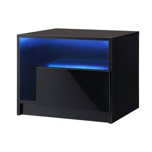 Oikiture Bedside Table RGB LED Drawers High Gloss Furniture Black
