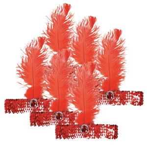 6x 1920s FLAPPER HEADBAND Headpiece Feather Sequin Charleston Costume Party BULK - Red - Red | Headband