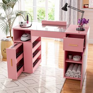 Ufurniture Manicure Table Nail Desk Electric Dust Collector Wrist Rest Drawers Shelves Cabinet Storage Rolling Wheels Pink