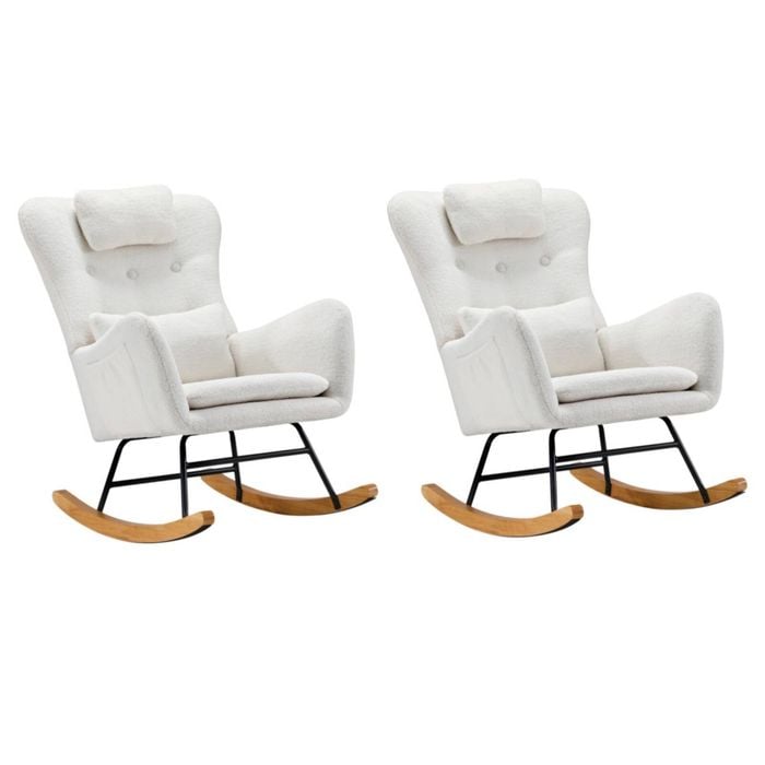 Oikiture 2x Rocking Chair Nursing Armchair Sherpa With 2 Pillow White