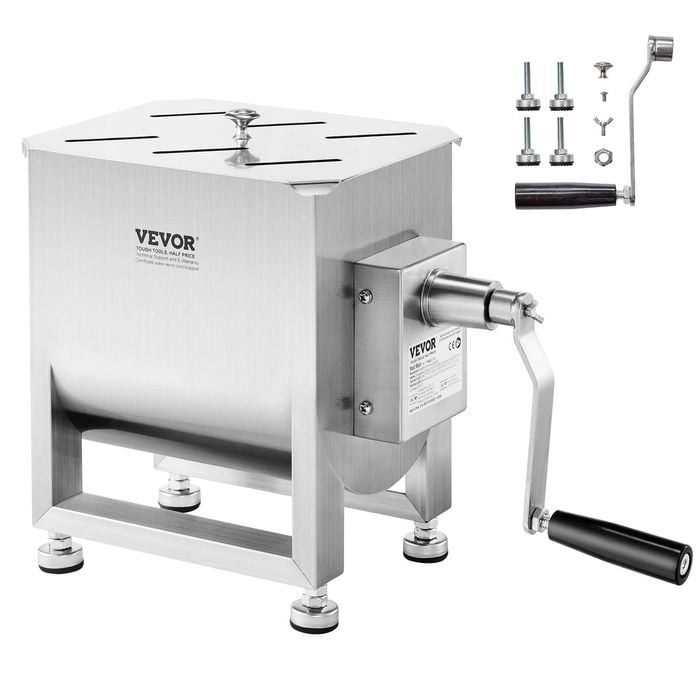 VEVOR Manual Meat Mixer Silver 15L Stainless Steel with Lid Handle Gear Reducer Ground Beef