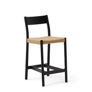 YALIA Stool with backrest in oak black finish with paper rope seat
