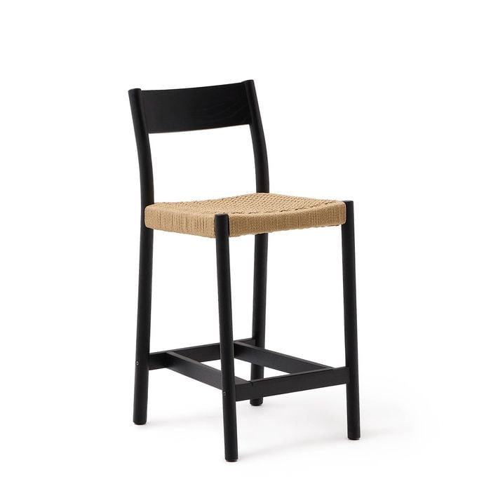 YALIA Stool with backrest in oak black finish with paper rope seat