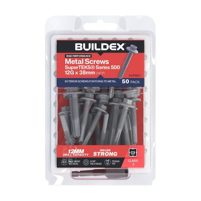 Buildex 12G x 38mm Class 3 Galvanised SuperTEKS® Series Screws - 50 Pack