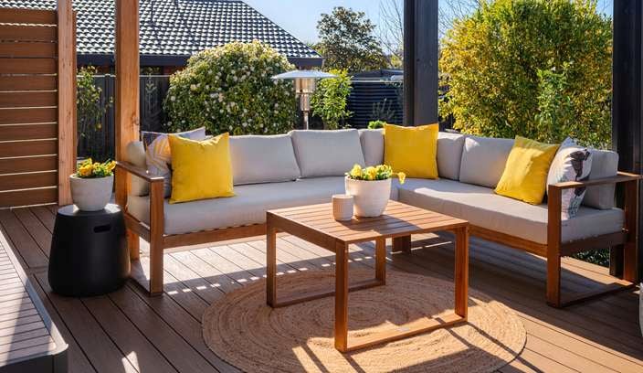 Timber outdoor setting on wooden decking with trees around the decking.