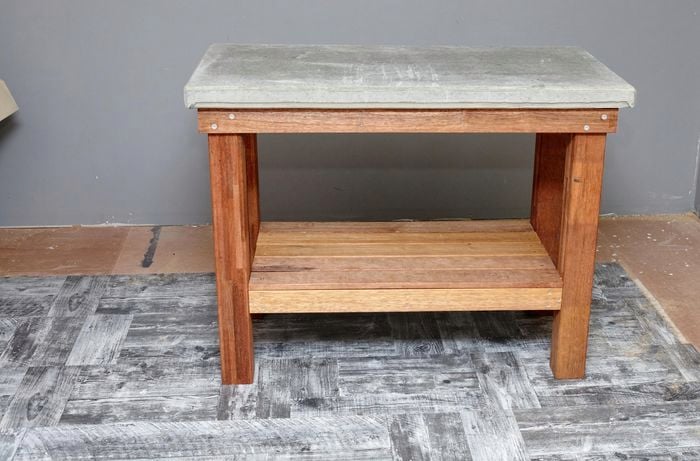 Finished DIY wood and concrete kitchen island table.