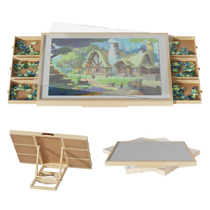 Advwin 1500Pcs Rotating & Tilting Puzzle Board w/ 6 Drawer Wooden Puzzle Table w/ 4 Adjustable Angles Oak