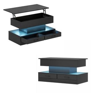 Ufurniture LED Lift Top Coffee Table 2-Tier Accent Center Table w/ Hidden Compartment & Drawers Display Shelf Black