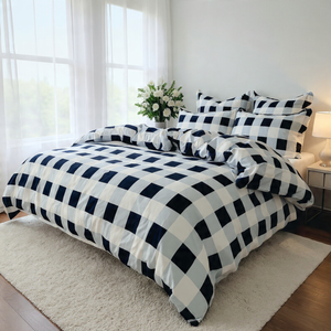 King Single Quilt Cover Set - Premium Double Brushed Microfibre (Navy Grid)
