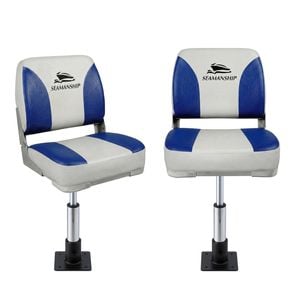 Seamanship 2X Folding Boat Seats with 2X Pedestals 34–46cm Marine Swivel 13cm Padding White Blue