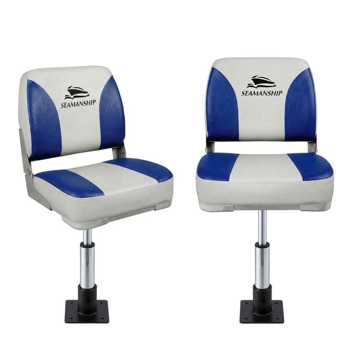 Seamanship 2X Folding Boat Seats with 2X Pedestals 34–46cm Marine Swivel 13cm Padding White Blue