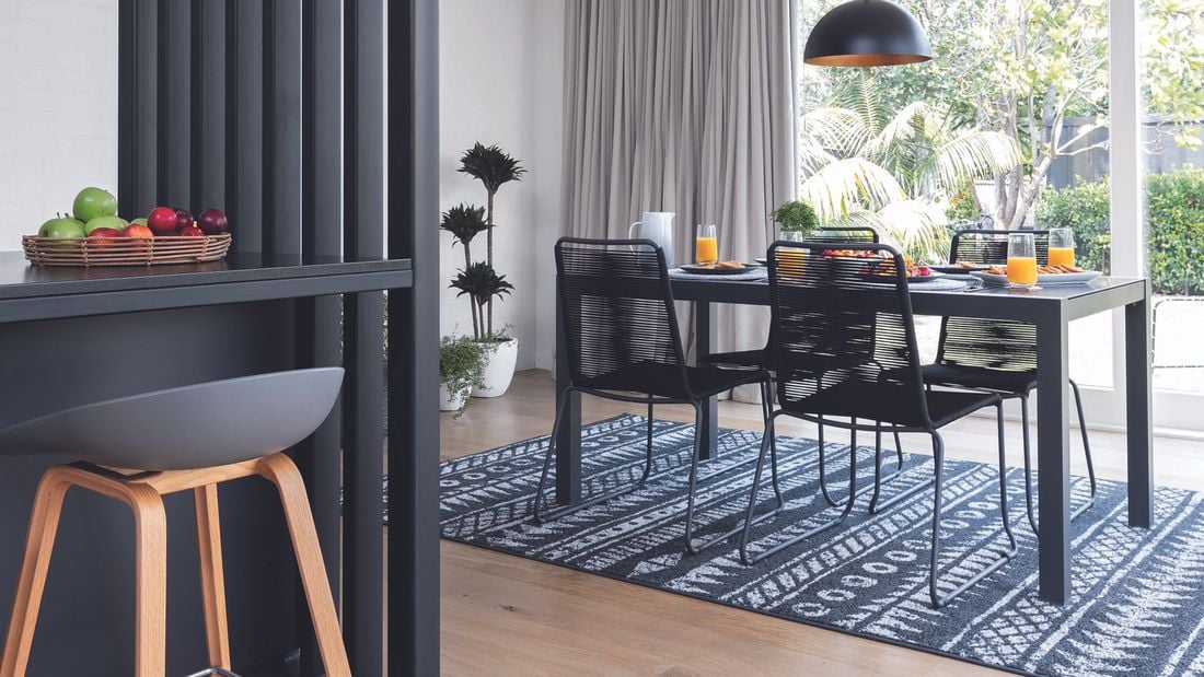 Timber floors, Black kitchen and black and white kitchen