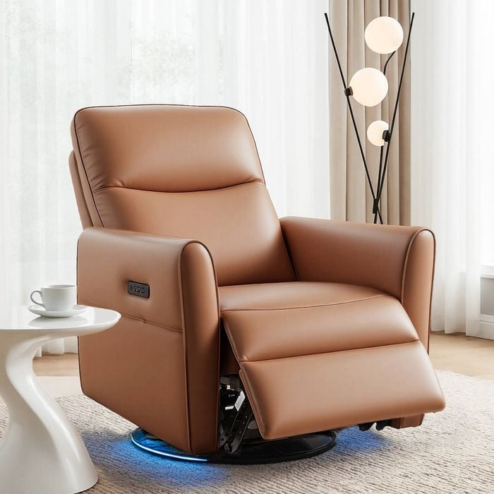 Artiss Swivel Recliner Chair Pu Leather Rocking Reclining Sofa​ With Charging Ports Led Brown