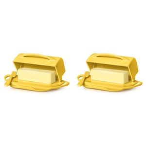 2x Butterie Plastic Flip Top Lid Butter Dish W/ Spreader Yellow 22.9x14cm