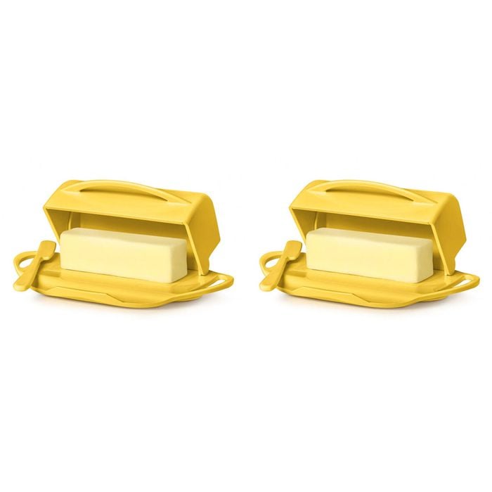 2x Butterie Plastic Flip Top Lid Butter Dish W/ Spreader Yellow 22.9x14cm