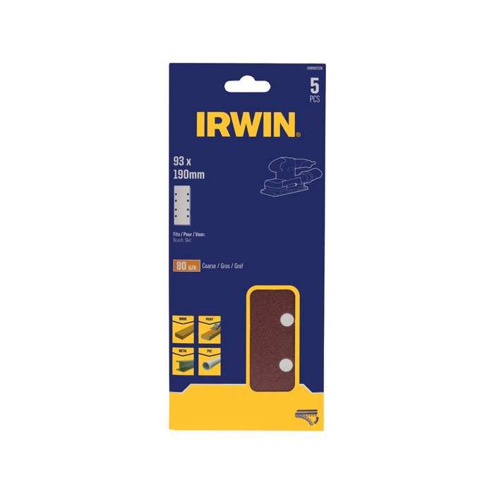 IRWIN 1/3 93 x 190mm 80 Grit 8 Holes Punched Sand Sheets - 5 Pack