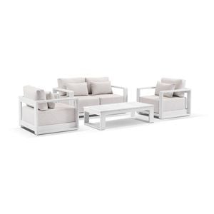 Whitehaven 2+1+1 Seater Outdoor Aluminium Lounge Set White With Santorini Coffee Table & Sandstone Cushions