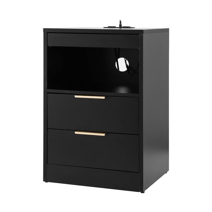 Artiss Bedside Table Led Nightstand Charging Station 2 Drawers - Black