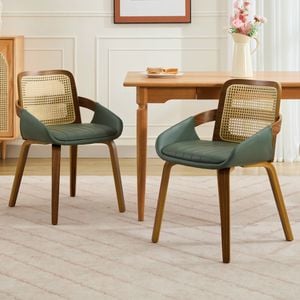 HOMFURN Set of 2 Rattan Back Dining Chairs, Green Faux Leather