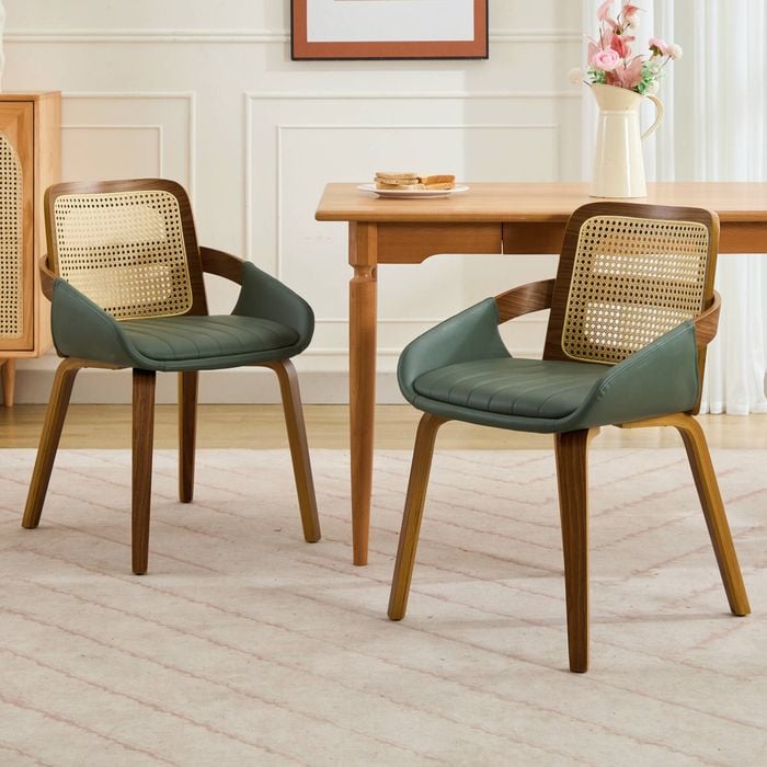 HOMFURN Set of 2 Rattan Back Dining Chairs, Green Faux Leather