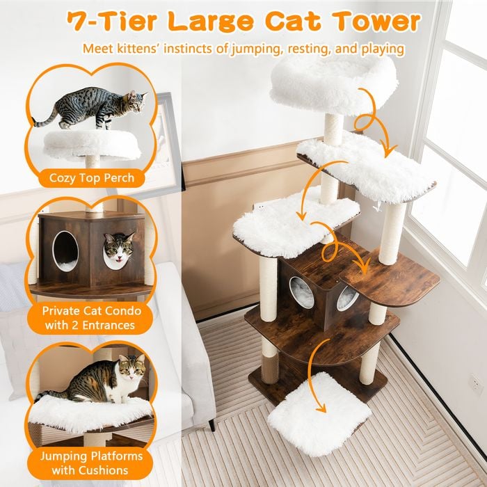 Costway 179 cm Wooden Cat Tree 7-Layer Sisal Scratching Posts