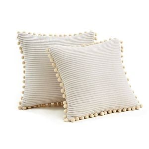 Catzon 2 Pcs Boho Decorative Throw Pillow Covers with Pom-poms for Sofa-Ivory