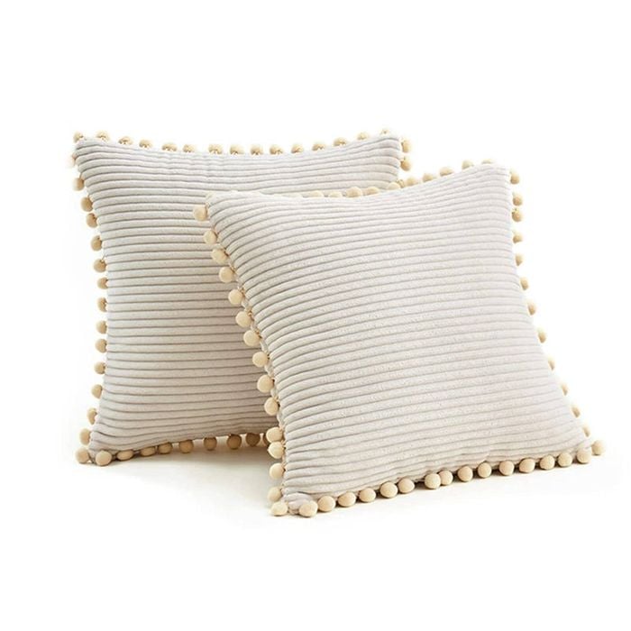 Catzon 2 Pcs Boho Decorative Throw Pillow Covers with Pom-poms for Sofa-Ivory