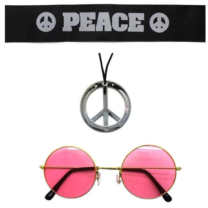 Hippie Kit Set Headband Glasses Pendant Peace Sign Necklace 60s 70s Costume