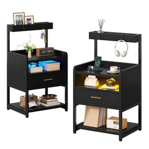 Ufurniture Side Table Set of 2 with Charging Station and LED Lights Black