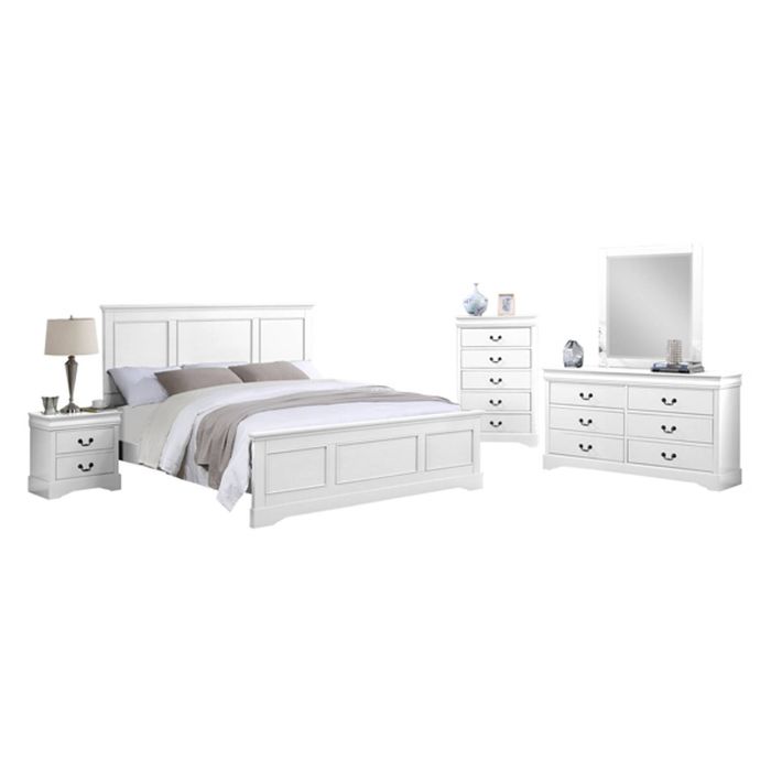 5 Pieces Bedroom Suite in Solid Wood & MDF Queen Size White Colour Bed, Bedside Table, Dresser & Tallboy