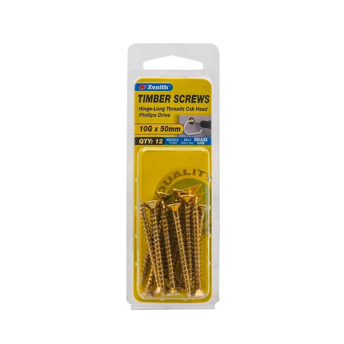 Zenith 10g x 50mm Brass Countersunk Long Thread Phillips Screws - 12 Pack