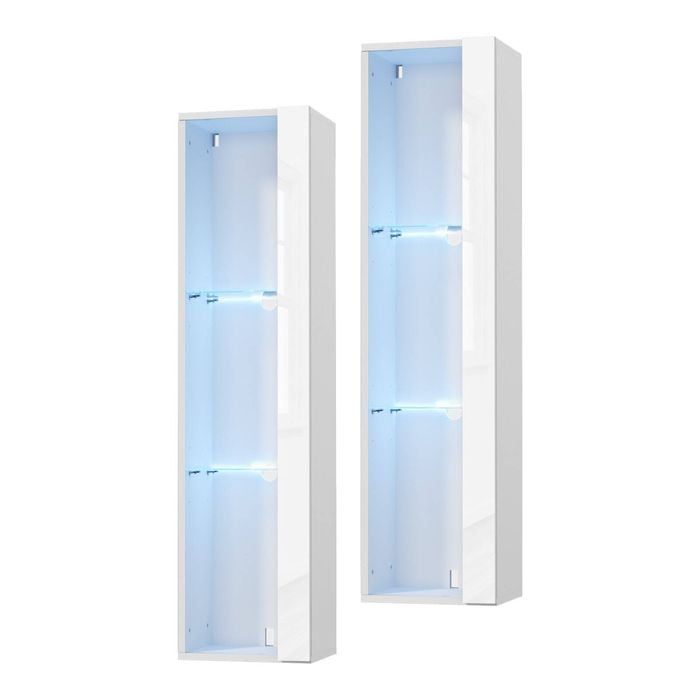 Oikiture 2Pcs LED Display Cabinet Wall Mounted Storage Cupboard Cabinet White