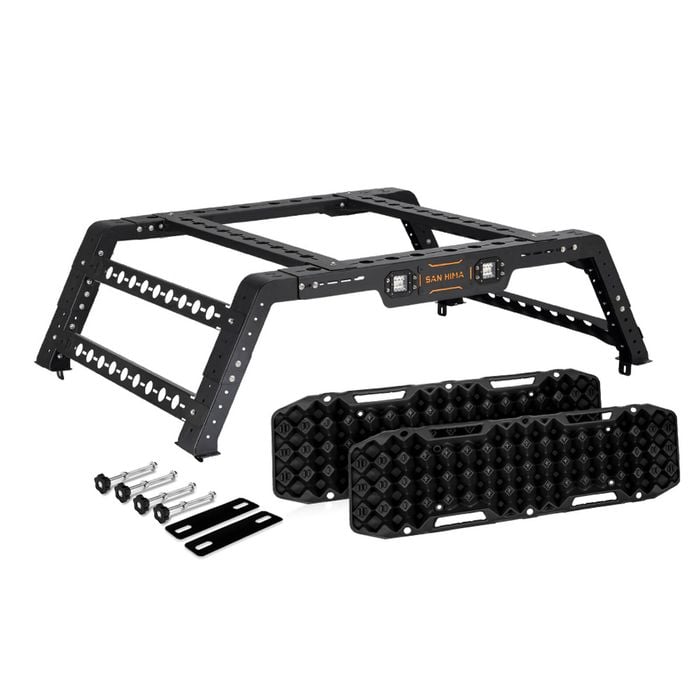 San Hima Universal Ute Tub Rack Steel 3mm + Pair Recovery Tracks Board Black