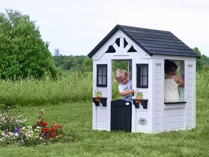 Backyard Discovery Sweetwater White Cedar Wood Kids Outdoor Cubby House with Working Door and Play Kitchen