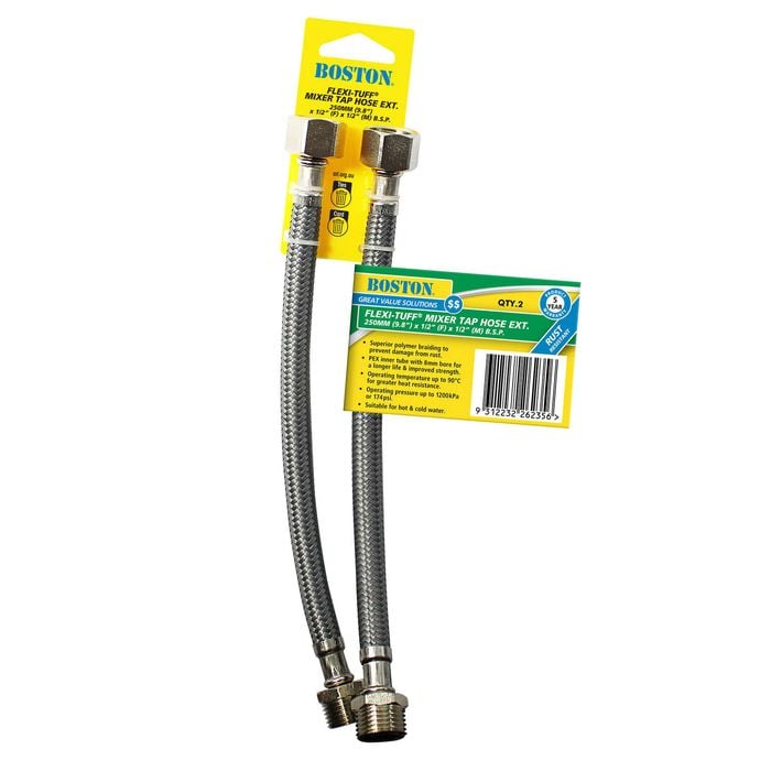 BOSTON 250mm Polymer Braided FLEXI-TUFF Mixer Tap Hose Extension - 2 Pack