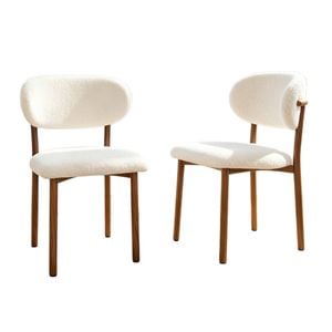 BRIBRION x2 Boucle Dining Chairs Walnut Wood Look Metal Legs Upholstered Sherpa Fleece Open Back for Kitchen Restaurant White
