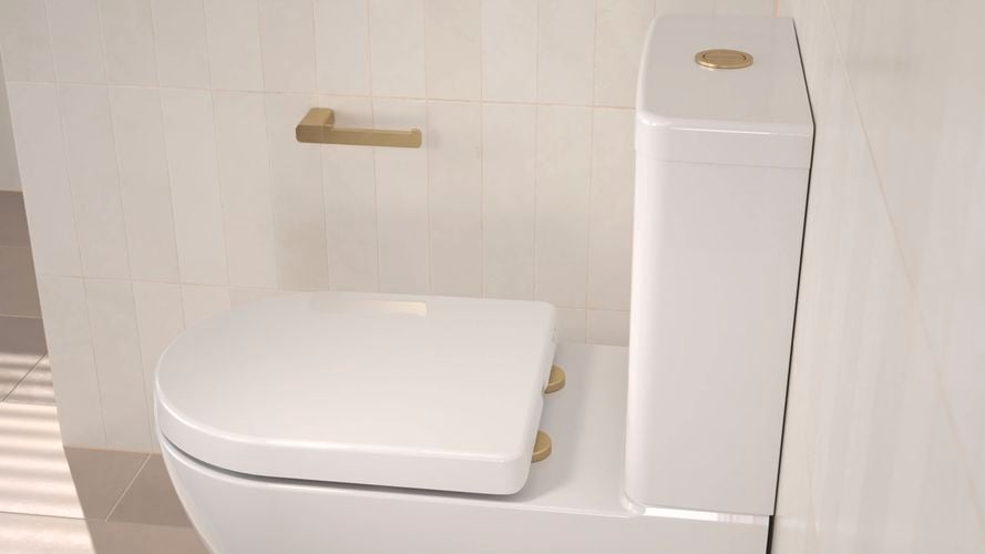 Caroma - Gallery - Luna® Cleanflush® Back-to-Wall Toilet Complemented by a Matching Brushed Brass Flush Button, Hinge Caps and Toilet Roll Holder - Brand Page