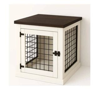 Paws and Willow Bedside Table  Arctic White with Espresso Top Wooden Dog Crate Hinged Door with Mesh
