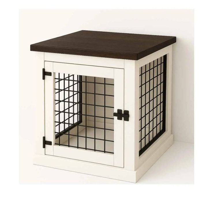 Paws and Willow Bedside Table  Arctic White with Espresso Top Wooden Dog Crate Hinged Door with Mesh