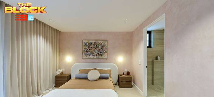 Contemporary bedroom featuring warm neutral bedding, soft pink walls, floor-to-ceiling curtains and an adjoining ensuite.