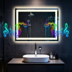 OAKORY 100x70cm Rectangular LED Bathroom Mirror with Bluetooth Speaker Dimmable Light Anti-Fog Touch Control