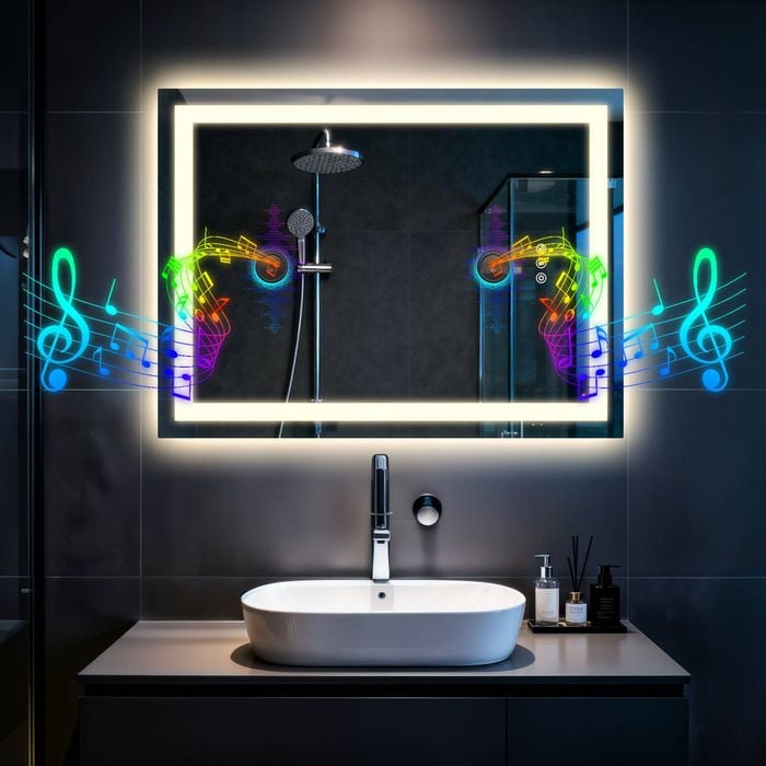 OAKORY 100x70cm Rectangular LED Bathroom Mirror with Bluetooth Speaker Dimmable Light Anti-Fog Touch Control