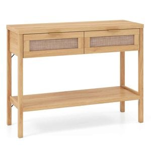 Costway Rattan Console Table Narrow Sofa Side Shelf 2 Boho Drawer Hall