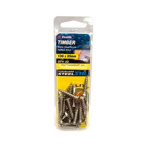 Zenith 10G x 25mm 316 Stainless Steel Wafer Head Timber Screws - 22 Pack