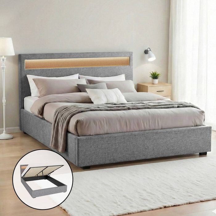 Artiss Bed Frame Double Size LED Gas Lift Grey COLE