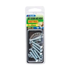 Zenith M5 x 25mm Zinc Plated Hex Head Set Screw - 12 Pack