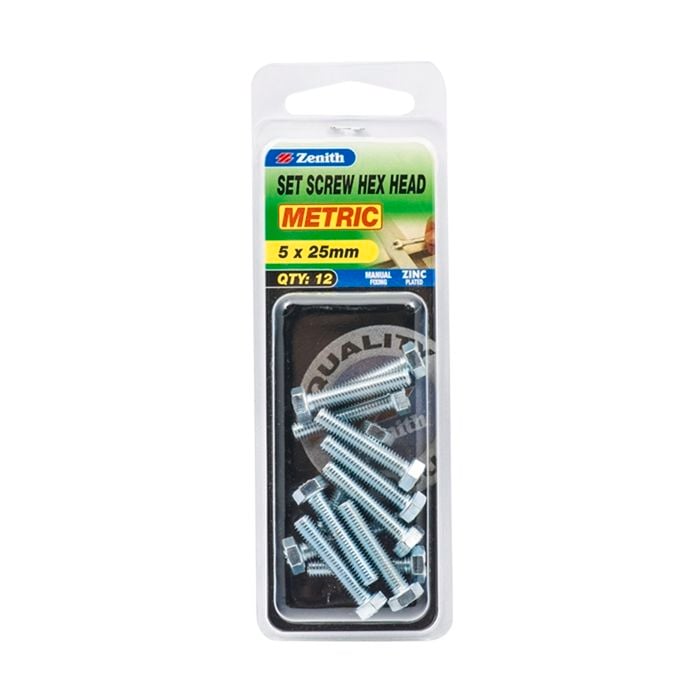 Zenith M5 x 25mm Zinc Plated Hex Head Set Screw - 12 Pack